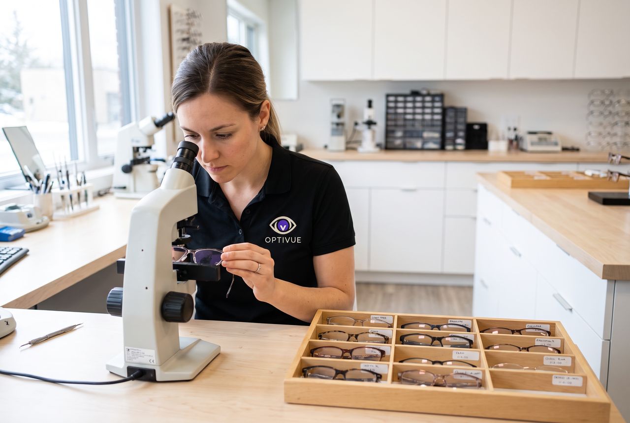 Une technicienne contrôle un verre monté à l'aide d'un instrument de mesure, à côté d'un plateau de lunettes